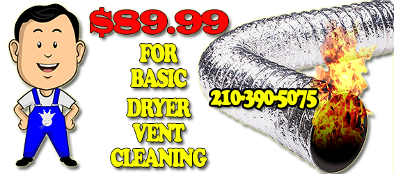 AAA Duct Cleaning service fee is only $89.99 for basic dryer vent cleaning servicing the San Antonio Texas metro area. Dryer vent cleaning is and should be a normal part of home maintenance San Antonio and is vital for proper ventilation and disposal of lint produced from the drying process of your clothing San Antonio. Your dryer vent may exit out the side of your home or through the roof depending on the structure of your home. In either case,AAA Duct Cleaning provides a qualified technician that will properly test and clean your dryer vent San Antonio. All of our dryer vent cleaning services San Antonio include a six month warranty on all dryer vent cleaning and repairs